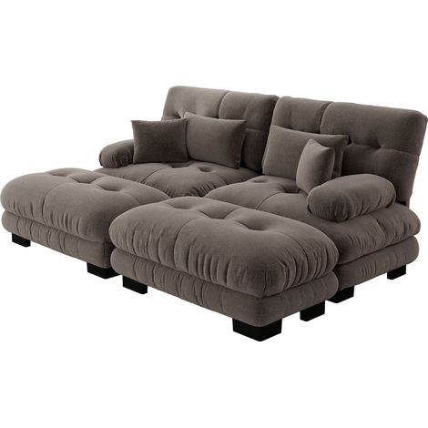 Canapé d'angle en chenille vintage marron avec 2 coussins lombaires et 2 coussins décoratifs, 2 ottomans assortis (1/5)