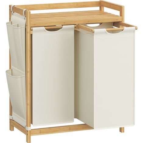Songmics – Panier à linge en bambou 100L – 2 compartiments pour tri – Étagère et poches latérales – Dimensions 63 x 33 x 78 cm – Blanc crème