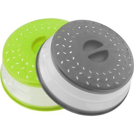 Lot de 2 couvercles alimentaires pliables en silicone pour micro-ondes - 27 cm - Protection contre les éclaboussures - Panier passoire pour fruits et légumes - Rangement facile (gris + vert) (1/5)
