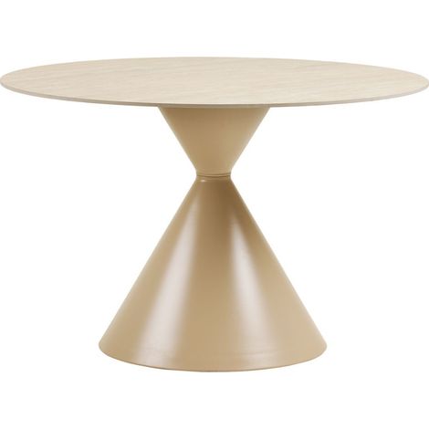 Table repas Ø120cm plateau en céramique aspect travertin pied en métal beige - RIVAGE (1/5)