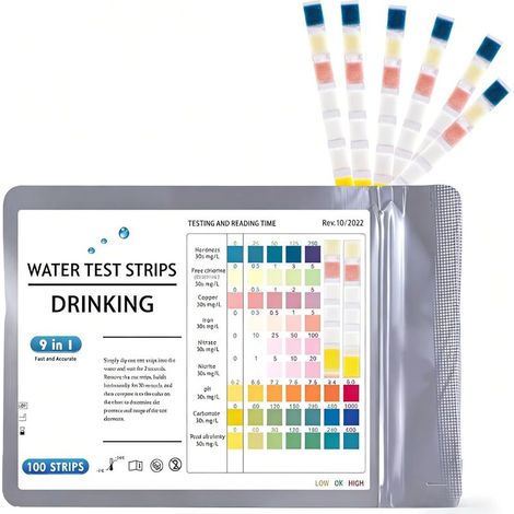 100 Lot de Test Eau Aquarium 9 en 1, Test Aquarium Eau Douce et Eau Salée, Kit Test Nitrite Nitrate, pH GH KH Chlore Cuivre Fer avec Tube et Thermomètre (1/5)
