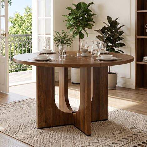 Mesa de comedor redonda, 120 x 120 cm, adecuada para 4-6 personas, diseño clásico, estilo escandinavo-minimalista, color madera de nogal (sin silla) (1/5)