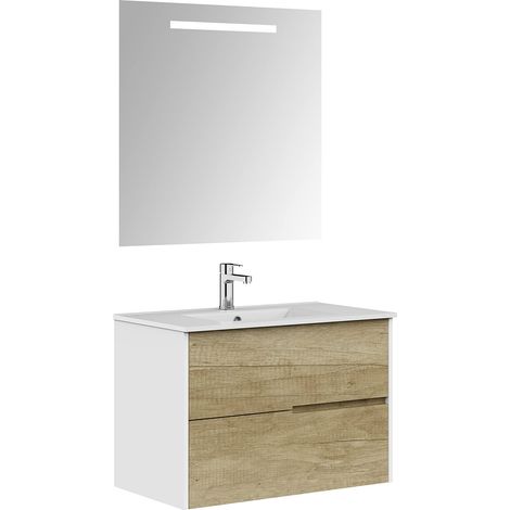 Meuble de Salle de Bain, 2 tiroirs, Suspendu au Mur, avec lavabo en céramique, différentes Finitions, livré monté, avec Miroir 90 cm Nature (1/5)