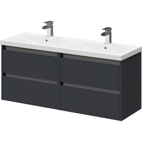 City Gloss Grey 1200mm Wall Mounted 4 Drawer Vanity Unit and Double Ceramic Basin with 1 Tap Hole (1/5)