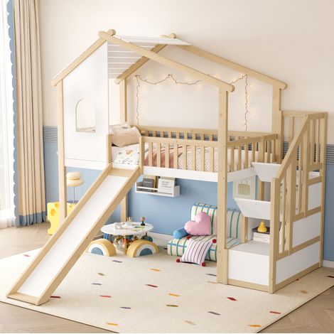 Cama alta infantil con tobogán y almacenaje 90x200 OKMYHOME (1/5)