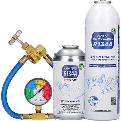 Alaska Refrigerants Réfrigérant de remplacement R134a pour véhicules + colmatant de fuites + tuyau et manomètre