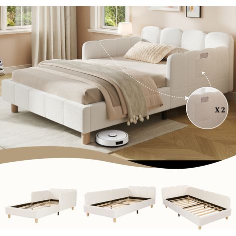 Lit capitonné, lit simple, lit enfant 90 x 200 cm, avec tête de lit capitonnée et barrière de sécurité, pieds de lit en bois massif, bouclé, beige (1/5)