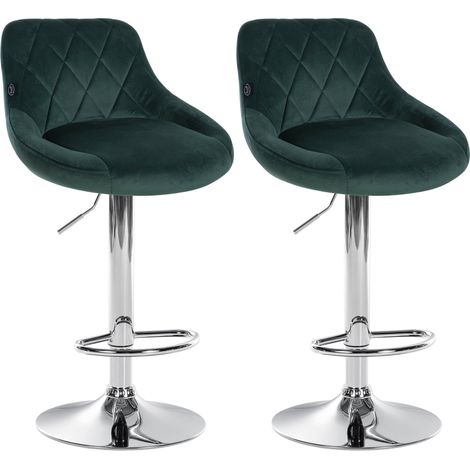 Juego de 2 taburetes de bar con costuras decorativas de rombos, asiento de terciopelo verde oscuro y estructura de metal cromado TDB10771