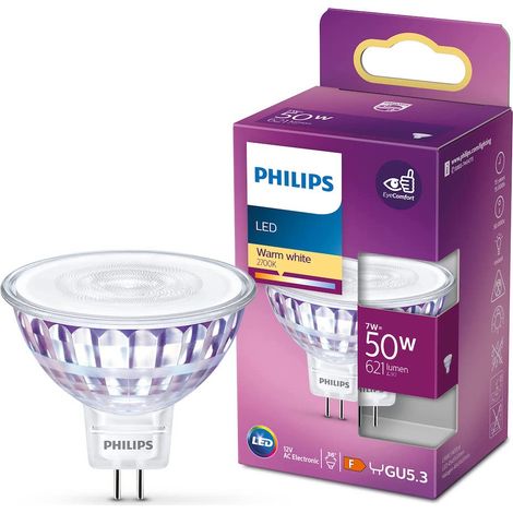 Philips – Ampoule LED GU5.3 7W blanc chaud – Équivalence 50W – 621 lm – Durée de vie 15000 h – Design en verre (1/10)