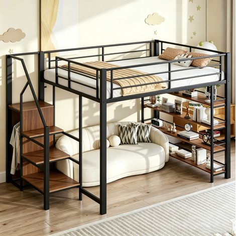 Cama alta 140x200 cm negra de metal, escalera con almacenaje y armario (1/5)