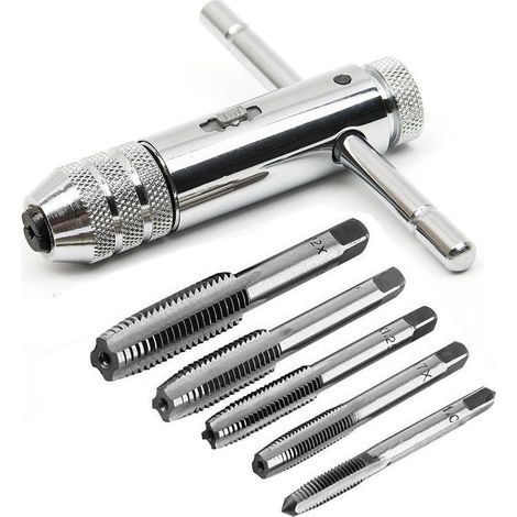 Set of 6 HSS hand taps M3 M4 M5 M6 M8 with adjustable T-handle (1/5)