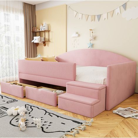 CHICFURN Letto singolo bambino 90x190 cm in velluto rosa con cassetti e gradini (1/5)