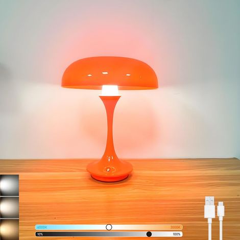 Lampe Champignon Orange, Lampe de Table LED Rechargeable, sans Fil, Tactile, intensité Variable, Batterie 2000 mAh, Lampe de Bureau, Lampe de Chevet USB Rechargeable, 3000 K-6000 K, Orange (1/5)