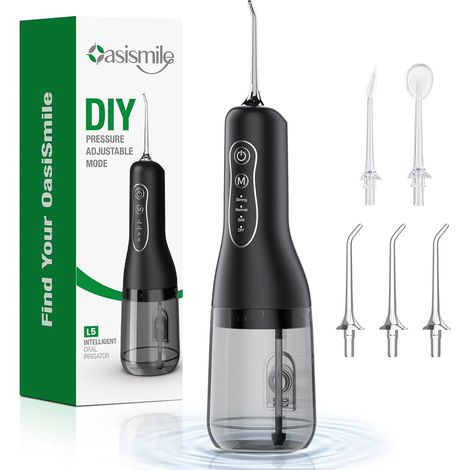 Hydropulseur électrique sans fil réservoir d'eau de 300 ml, 4 modes et 5 buses, 40 jours, IPX7 étanche pour un nettoyage quotidien en profondeur pour soins dentaires