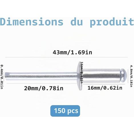 Rivets Aveugles, 4,8 x 16 mm Rivets Blanc Rivets Plaque Immatriculation pour Métal, Bois, Plastique (1/2)