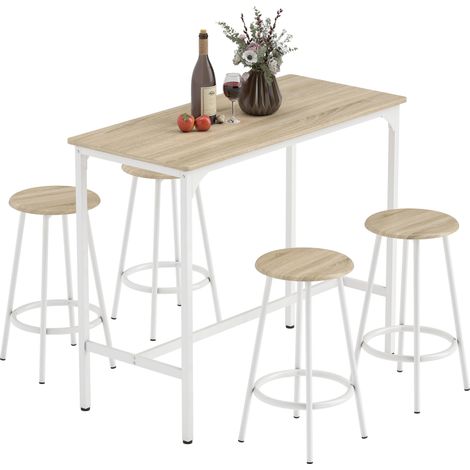 HOMCOM 5 Piece Bar Table and Stools Set with Metal Frame Natural Wood