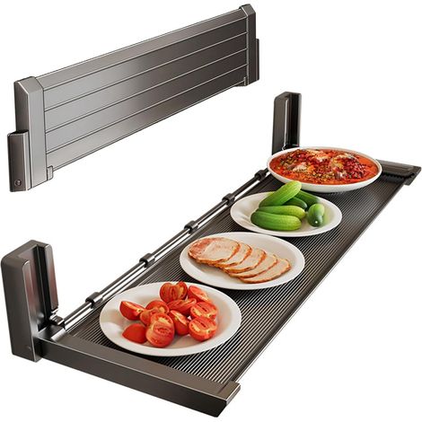 Étagère pliable avec 5 crochets, 39 cm, support mural de cuisine en aluminium, sans perçage, facile à entretenir, idéal pour restaurants et espaces de rangement. (1/5)