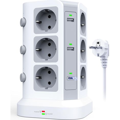 Tour Multiprise 20W USB-C, 12 Prises, 2M, Blanc 12 Prises, Double USB-C 20W PD/QC3.0, 4 USB-A, Câble 2M, Parafoudre, Bureau, Maison (1/5)