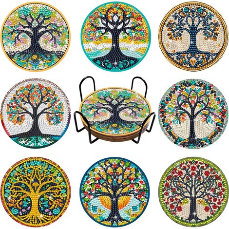 Dessous de Verre DIY Diamant Peinture,5D sous-Verres Mandala Peinture Diamant Kits pour Adultes avec Support,sous-Verres Art pour Les débutants,Arbre de Vie Decoration Table Bois,Cadeau de Pendaison (1/5)