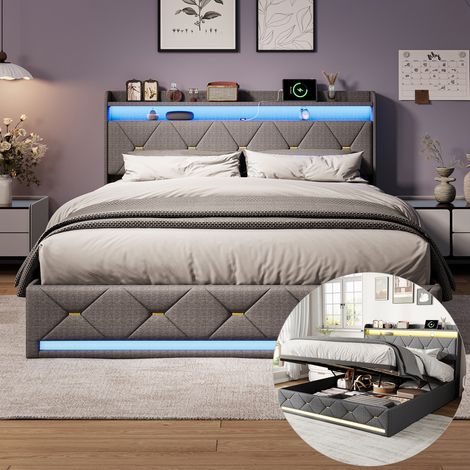BSMGSGN-Lit coffre 160x200 cm, rangement hydraulique, LED, recharge sans fil et ports USB intégrés, Structure en tissu lin gris, sommier bois, Lit double adultes/adolescents, sans matelas (1/5)