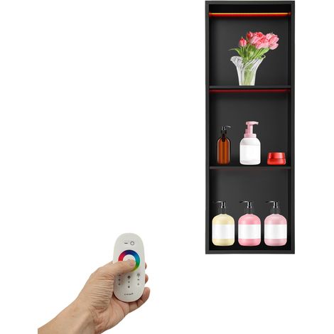 Niche Douche Encastrable Avec bande lumineuse RGB, 33.3x94.2x10 cm, Niche Murale en Acier Inoxydable 3 Niveau, pour Stockage Savon Shampoing Douche Salle de Bains, Noir (1/5)
