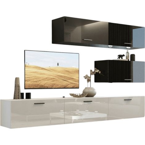 Set di mobili da soggiorno bianco e nero, sospesi collezione CEPTO XXV. 249cm, 6 pezzi, led, modulari.