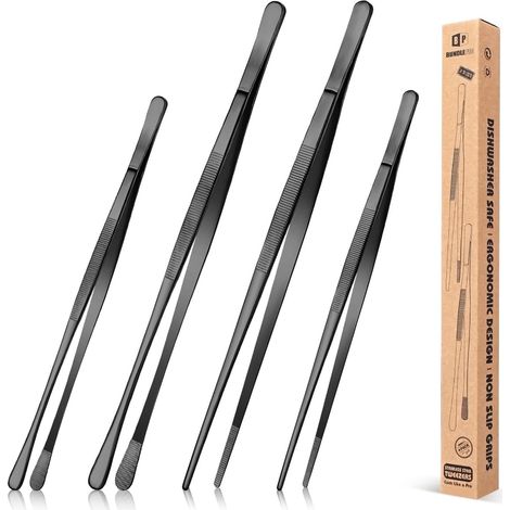 4 Pcs Stainless Steel Kitchen Tongs, 12 and 10 Inch Long Black Kitchen Tongs for Kitchen Seafood BBQ (1/5)