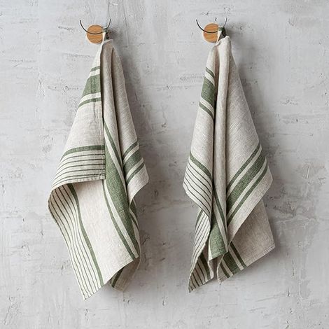 Linen Provence Kitchen Tea Towels 100% Linen 45 x 26 mm Absorbent Dish Cloth with Hook Kitchen Dish Towels Natural/Forest Green (1/5)