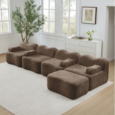 Canapé d’angle en velours 4 places, Canapé droit modulable avec assise profonde, repose-pieds, Confort hautement élastique, 384 x 167 x 70 cm, marron (1/5)