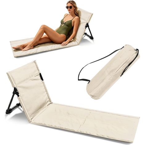 Tapis de Plage avec Dossier, Chaise de Plage avec Sac de Rangement, Transat Plage, Siege de Plage Pliable Portable Leger, Chaise de Sol Pliable pour Le Camping, Les Voyages (Beige2, Long) (1/5)