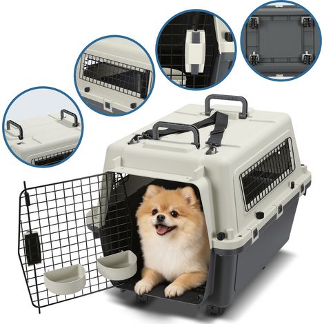 Jiubiaz Hundetransportbox mit 4 Rollen, 67.3 x 54.9 x 51.5 cm, PP-Kunststoff, Metalltür und Gitterfenster, 2 Näpfe, Schale, Weiß/Grau (1/5)