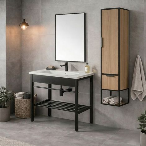 Mobile bagno a terra in metallo 60 cm nero opaco con specchio e pensile linea Borg (1/5)
