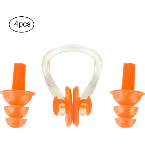4 Pièces Bouchons d'Oreille Souples en Silicone Étanche pour Nage avec Pince Nez (Orange) (1/5)