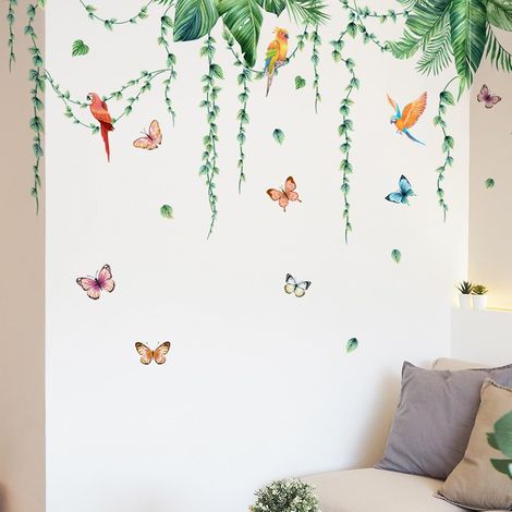 2 Pièces Stickers Muraux Feuilles 30 x 90cm Tropicales Vertes Autocollant Mural Nature Plante Tropical Stickers Muraux Jungle Couloir,pour Murale Chambre Salon Bureau Mur TV (B) (1/5)