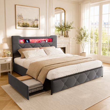 Lit coffre double 140 x 190 en velours avec tête de lit LED - Rangement intégré et ports USB + Type-C - 4 tiroirs de rangement - Gris - Style scandinave (1/5)