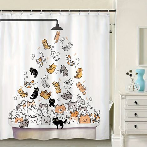 Cortina de ducha divertida con diseño de gato para niños - Diseño colorido de dibujos animados 180x200 cm - Impermeable y lavable (1/5)