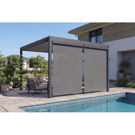 PIANA 3x3m freistehende, bioklimatische Pergola aus grauem Aluminium mit einziehbaren Jalousien an der 3m Seite