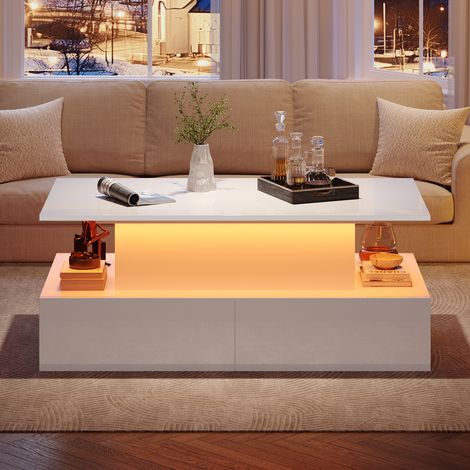 Table basse LED 90x55x41 cm blanche en panneau de particules avec 4 tiroirs et rangement dissimulé (1/5)