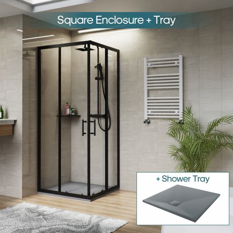 NRG Square Black Sliding Doors Corner Entry Shower Enclosure Bathroom Cubicle 900 x 900mm & Anthracite Shower Tray (1/5)