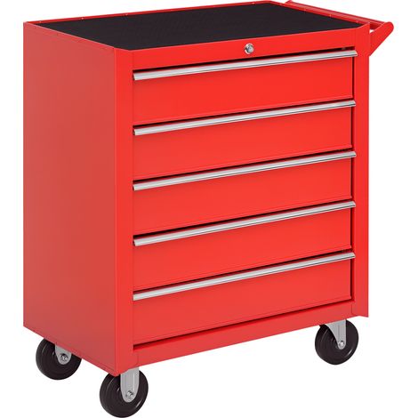 Servante d'atelier roulante 5 tiroirs verrouillables – Acier rouge – Dimensions 69L x 33l x 75H cm – Charge max. 150 kg – Durhand