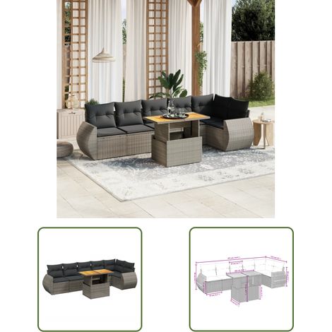 The Living Store 7-tlg. Garten-Sofagarnitur mit Kissen Grau Poly Rattan - Gartenmöbel - Esszimmerset - Lounge Set - Rattan Möbel - Outdoor Furniture