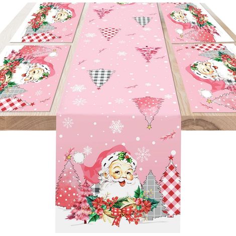 Chemins de table et sets de table de Noël, lot de 5, motif Père Noël rose