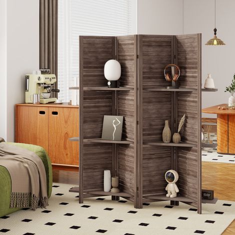 Divisorio in legno a 4 pannelli, 160 x 170 cm, paravento pieghevole con 3 ripiani, noce