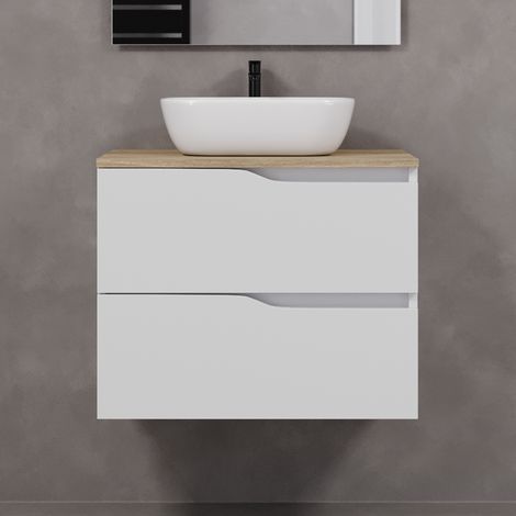 Meuble de salle de bain 70cm avec plateau miel et vasque à poser zeus - 2 tiroirs - sans miroir - blanc - LUNA (1/5)