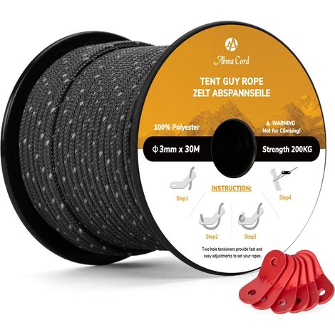 Cord 30M Corde de Tente Réfléchissante 3mm Camping 6Pcs Tendeur Corde (1/5)