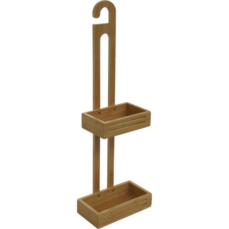 Mensola con 2 cestelli portaoggetti da appendere sapone bagno doccia HHG-864 legno bambù 69x22x13cm