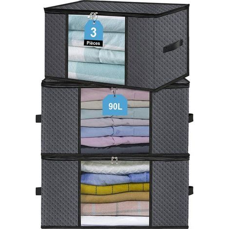 3 pièces Sac de Rangement, Grande Capacité pliable Boîte de rangement 70L, pour Couette, Literie, Vêtements, Oreillers, Gris (1/4)