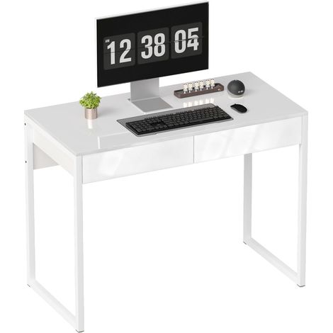 Bureau avec 2 tiroirs, table d'ordinateur 100 x 50 cm, bureau moderne pied en acier, pour petits espaces, blanc brillant (1/5)