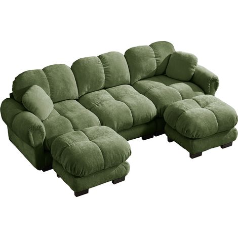 Divano panoramico a U 3 posti modulare con pouf mobile e cuscini, Ciniglia, Verde (1/5)