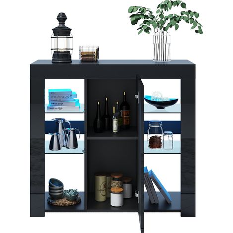 SONNI LED Sideboards Aufbewahrungsschrank mit 1 Tür, offenes Fach, verstellbare gehärtetes Glas Küchenschrank, 90x35x83cm, Schwarz (1/5)